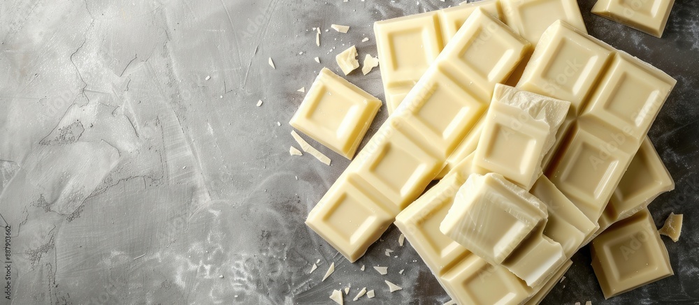 Poster white chocolate displayed on a grey backdrop creating a visually appealing copy space image