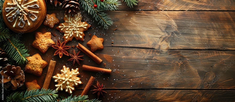 Poster christmas themed wooden backdrop featuring festive cookies cinnamon and ample copy space image