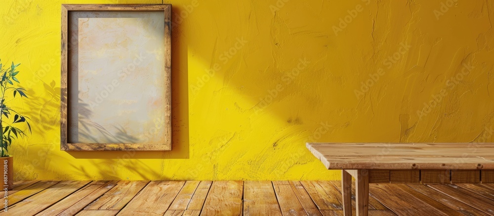 Poster Empty wooden desk and a yellow wall with a wooden frame The desk has a blank space for adding text and images. with copy space image. Place for adding text or design