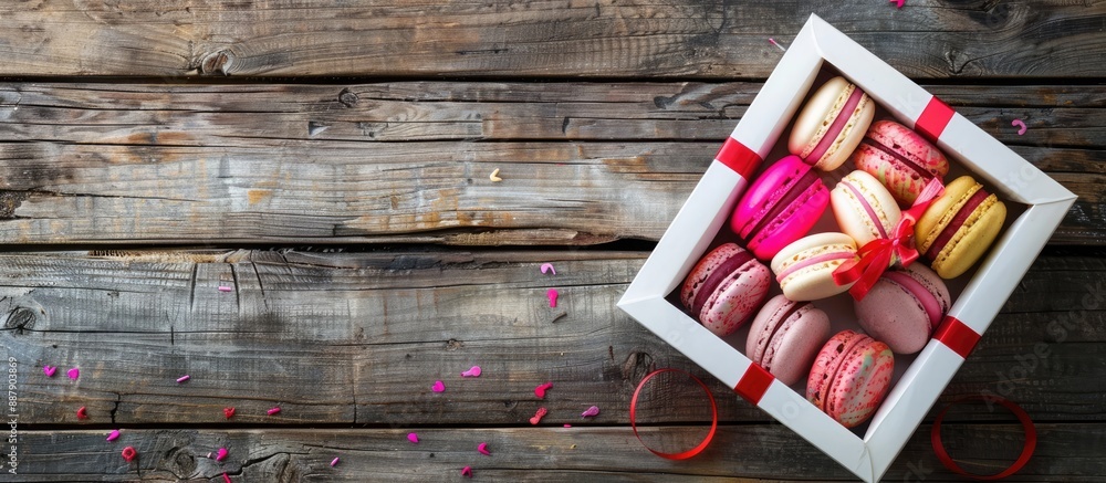 Aufkleber Valentine s Day theme with colorful macaroons in a white gift box on a rustic wooden background combined with a blank area for text or images. with copy space image. Place for adding text or design