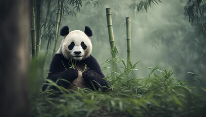 Obraz premium A panda eating bamboo in a lush forest, foggy morning 