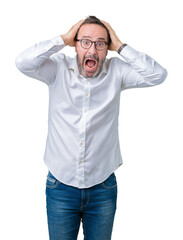 Handsome middle age elegant senior business man wearing glasses over isolated background Crazy and scared with hands on head, afraid and surprised of shock with open mouth