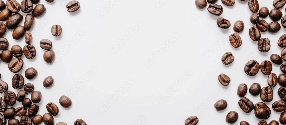 Poster circular arrangement of coffee beans on a white background with copy space image