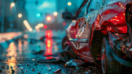 A close-up of a car accident at night in bad weather captures the scene with dramatic intensity, emphasizing the challenging conditions and potential dangers on the road.
