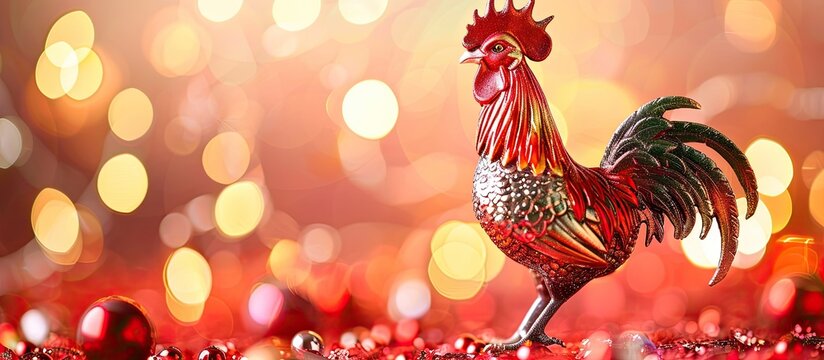 Rooster figurine in a New Year setting symbolizing luck and good fortune with a clear copy space image