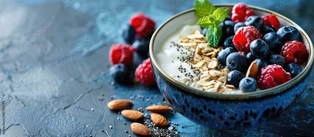 Poster A nutrient packed yogurt bowl filled with oats berries spirulina chia seeds mint and almonds makes a delicious and healthy breakfast option ideal for showcasing in a copy space image