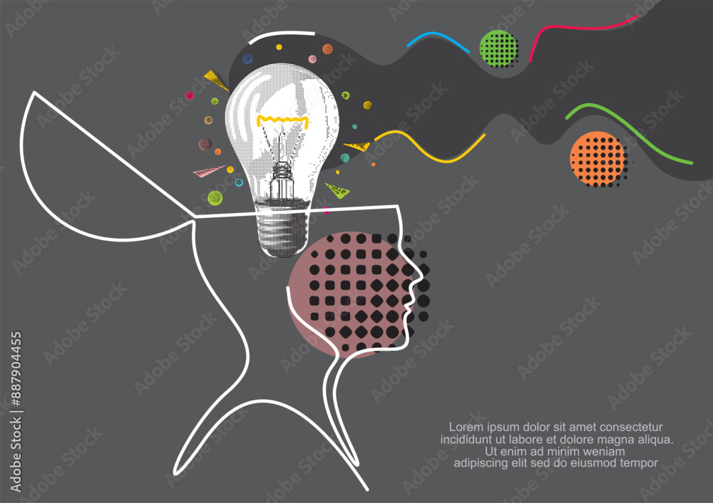 Poster business idea line icon. continuous one line with curl. light bulb symbol. human head sign. idea sin