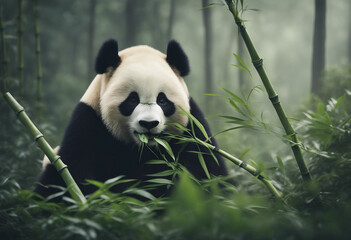 Obraz premium A panda eating bamboo in a lush forest, foggy morning 