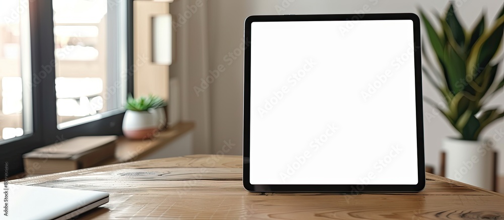 Poster White screen on a working table with copy space image for a tablet and smartphone