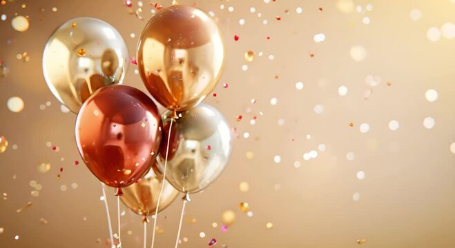 Luxurious gold and bronze balloons, elegant celebration and high-end event decor, birthday party visuals, copy space. Festive foil ballons for festive events, galas, and special occasions