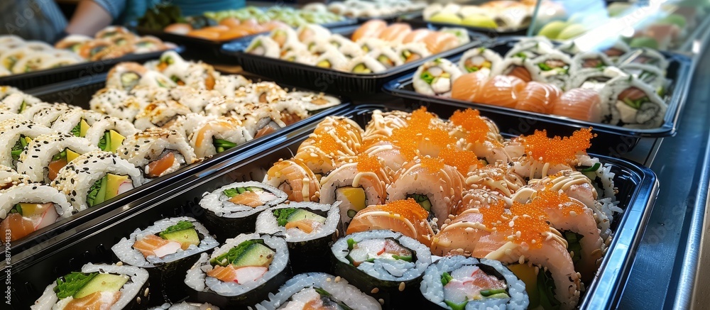 Leinwandbilder sushi rolls arrayed on a restaurant table tray with a close up view and copy space image available