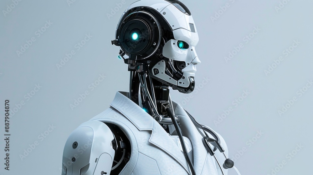 Poster a robot with a white lab coat and a stethoscope