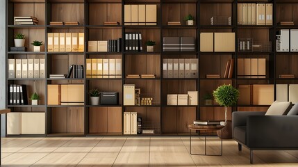 Modern library room with storage boxes, folders, and documents on shelves. Concept Library Design, Storage Solutions, Document Organization, Modern Decor