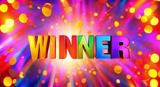 Colorful text 'Winner' with a glowing festive background, for awards ceremonies or celebratory events, event decor and marketing materials celebrating achievements