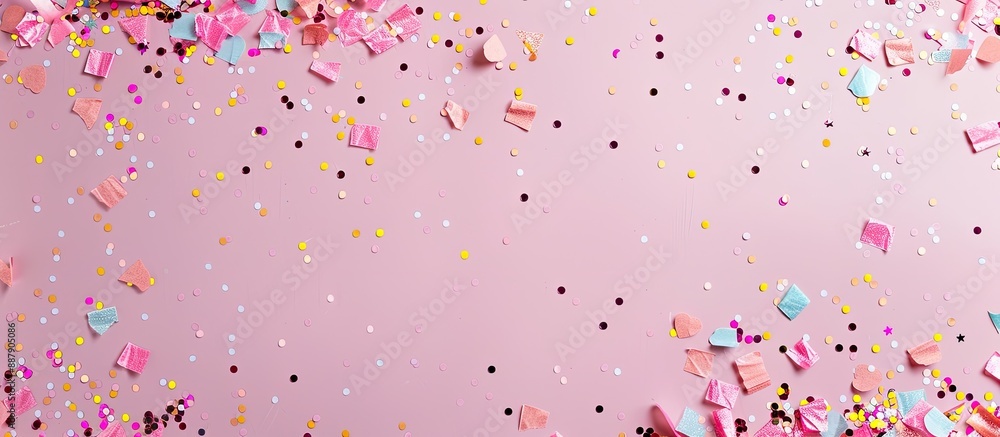 Poster Festive background in soft pink with colorful confetti for text placement Flat lay view from above with a copyspace image
