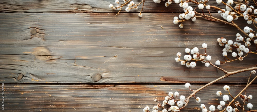 Poster wooden background with a branch adorned with white berries for your design perfect copy space image