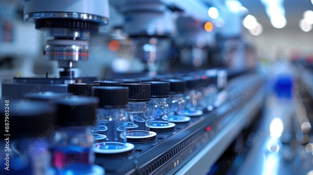 Poster a robotic arm processes vials on a conveyor belt in a modern laboratory. the use of robotics in this