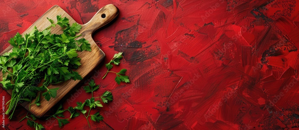 Poster Dark red background holding a chopping board with parsley perfect for cooking designs due to the available copy space image