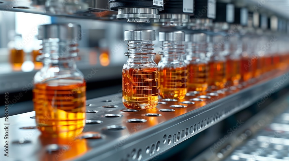 Poster close-up of an automated liquid filling and packaging line in a laboratory, showcasing vials filled 