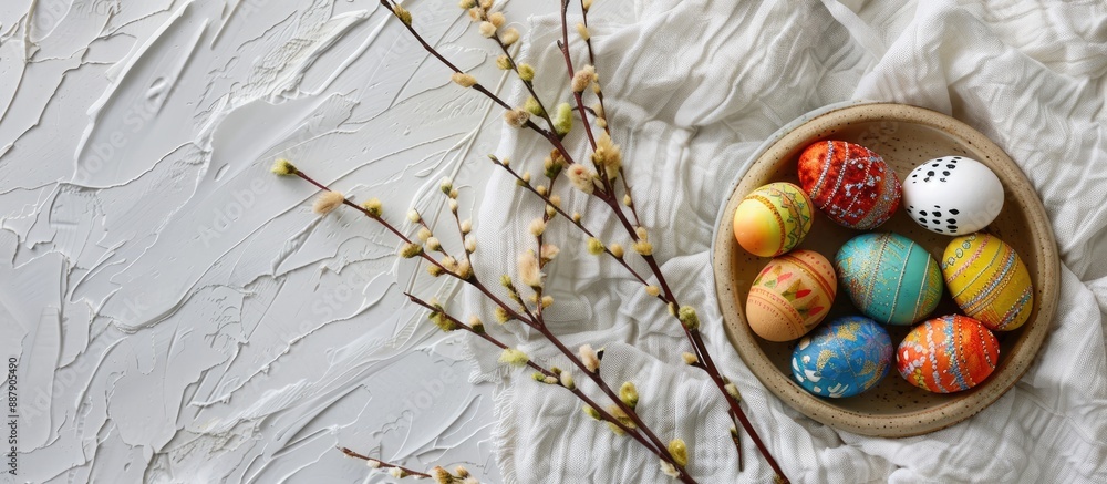 Aufkleber a festive easter arrangement with vibrant eggs displayed in a beige plate on top of a white towel co