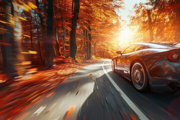 sleek sports car speeding through vibrant autumn forest motion blur emphasizing velocity sunlight filtering through colorful foliage empty winding road ahead