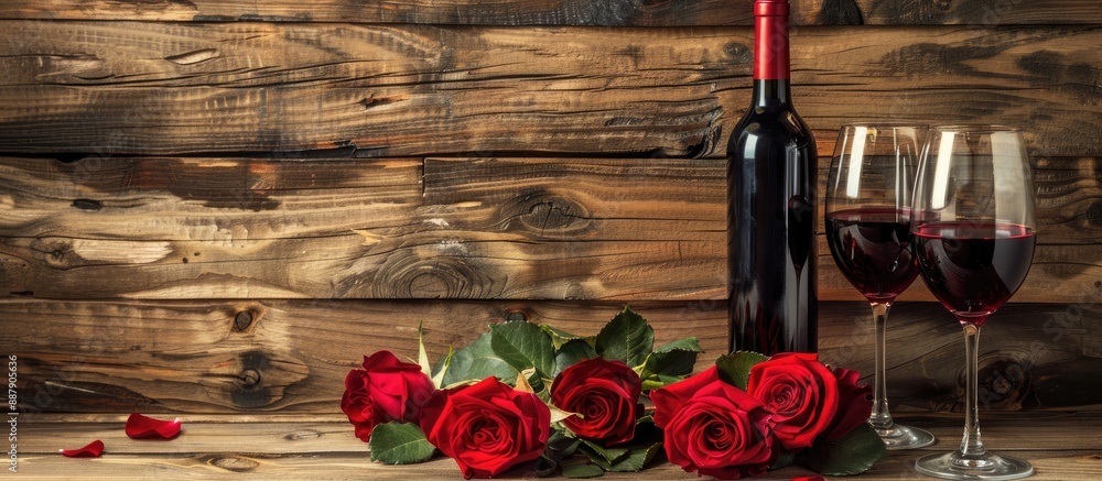 Poster A charming arrangement featuring wine and roses set against a rustic wooden backdrop ideal for a copy space image