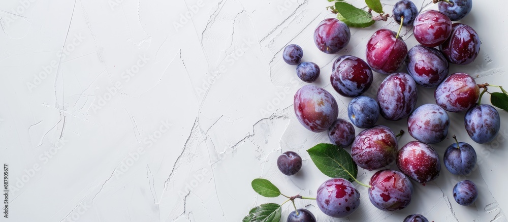 Fototapete Flat lay composition with appetizing ripe plums on a white table featuring copy space image