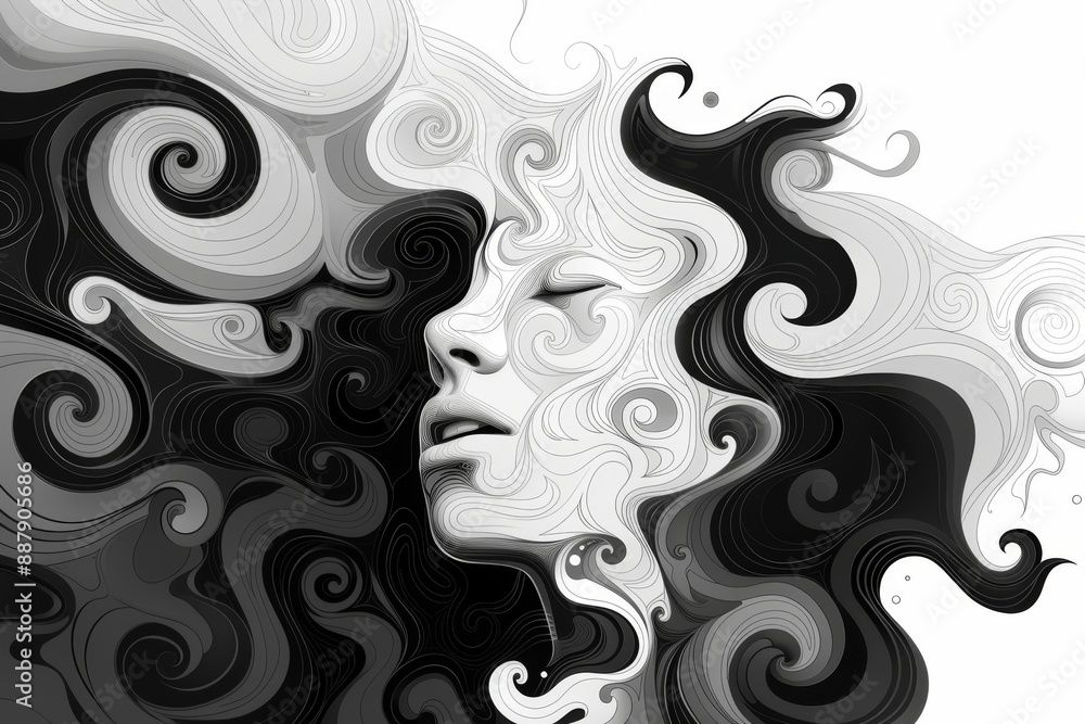 Poster black and white abstract illustration with swirling patterns and a woman's face, creating a surreal 