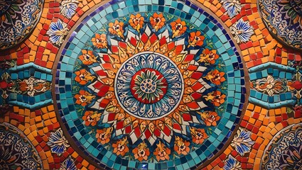 Obraz premium Vibrant Traditional Ceramic Tile Mosaic with Floral Patterns Abstract Background
