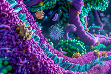 Obraz premium Human digestive system, with food traveling through the esophagus, stomach, and intestines, undergoing digestion and absorption of nutrients along the way, highlighting the intricate processes