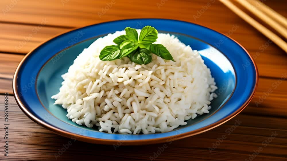 Sticker  Deliciously simple  A mound of white rice with a fresh basil leaf on top ready to be savored