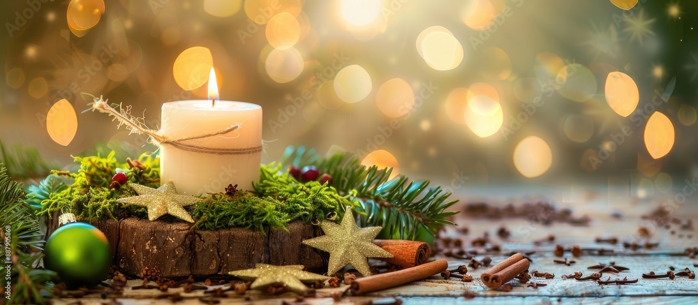 Poster a festive table setting for advent with lit candle moss green glass baubles and cinnamon stars on wo