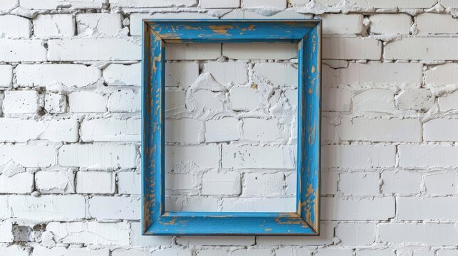 Old blue frame on white brick wall with space for text