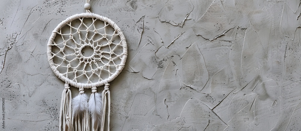 Aufkleber Close up of a white crochet dream catcher against a textured gray surface resembling concrete with space for text in the image. with copy space image. Place for adding text or design