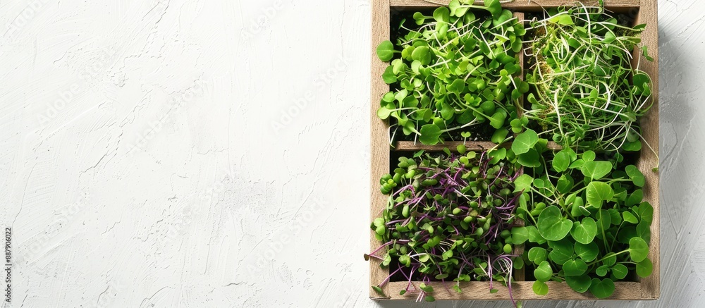 Aufkleber Top view of microgreens and sprouts in a box on a white background with copy space image