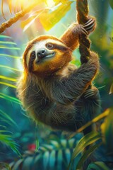 Naklejka premium A sloth sits on a tree. Selective focus.