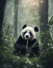 Fototapeta premium A panda eating bamboo in a lush forest, foggy morning 