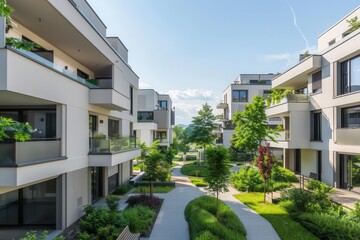 sleek minimalist residential complex with sustainable features geometric shapes surrounded by green spaces and walking paths