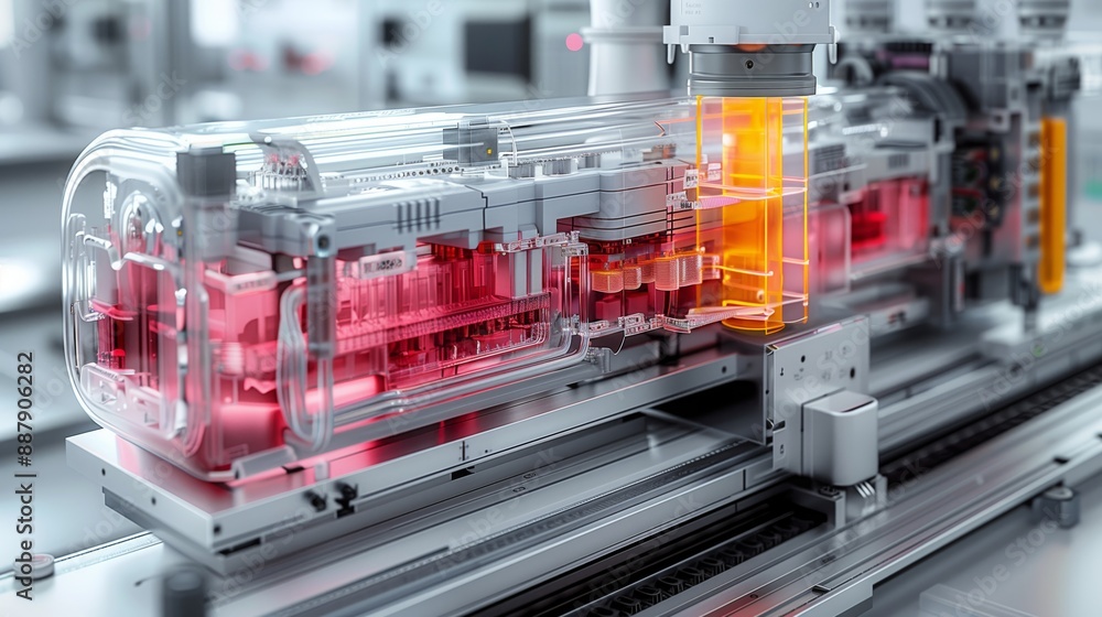 Poster close-up diagram showing intricate internal details of a transparent machine component, revealing it