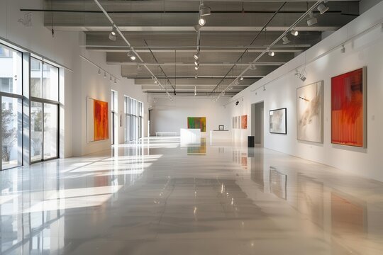 sleek modern exhibition hall interior with expansive gallery space perfect background for showcasing art