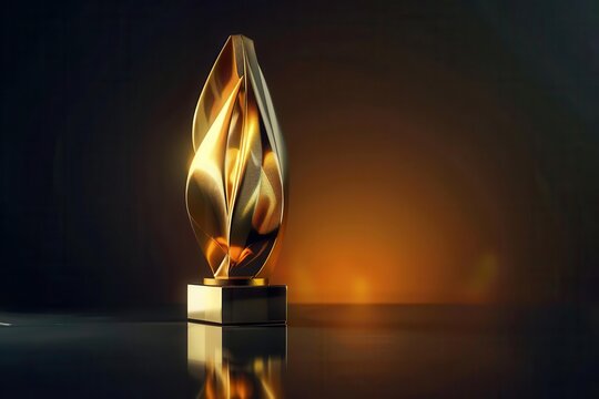 sleek modern golden trophy with futuristic design elements holographic details dramatic lighting on reflective surface