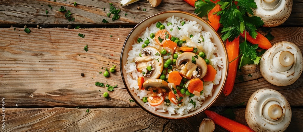 Poster a vegetarian asian style dish with soft boiled rice champignon mushrooms and carrots on a wooden tab