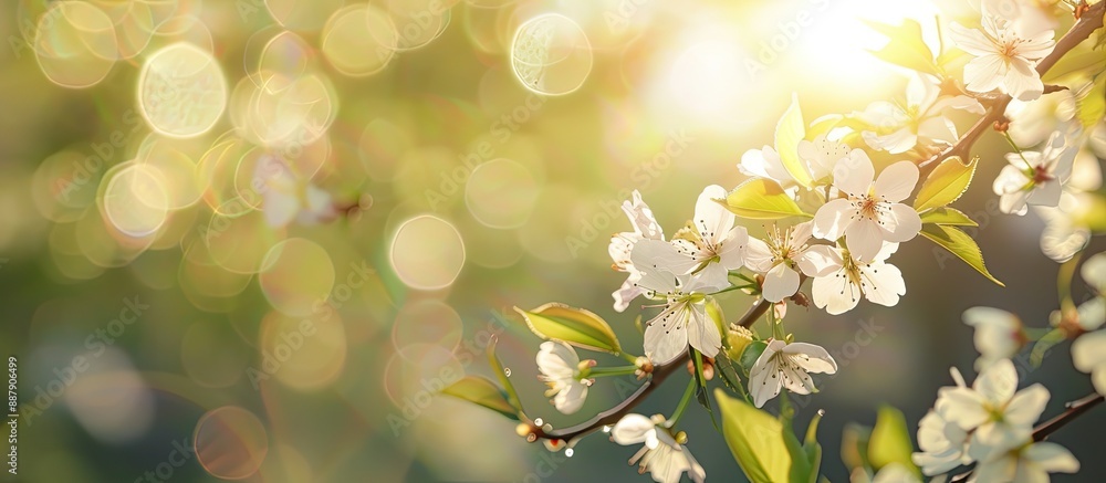 Aufkleber blurry spring foliage provides backdrop for cherry tree branch with flowers in image with copy space