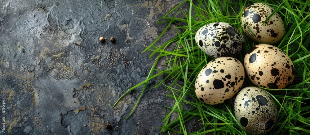 Fototapete quail eggs displayed on grass in an asian culinary setting with plenty of copy space image