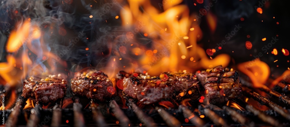 Poster A fire with open flames is roaring in the grill creating the perfect setup for searing meat with a copy space image available