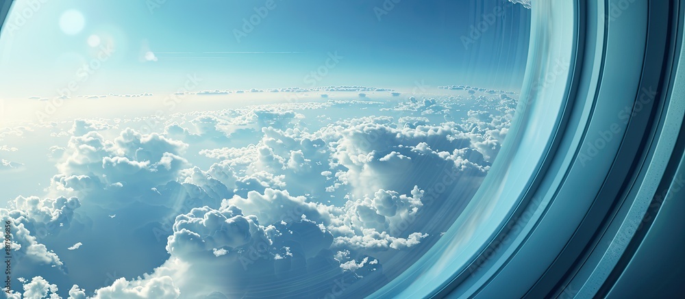 Poster View of a cloud and blue sky through an airplane window with copy space image