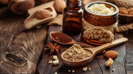 Fototapeta premium Rustic kitchen ingredients with spices and nuts on wooden table