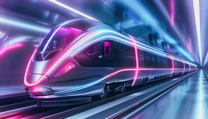 Fototapeta premium Cutting-edge high-speed train zoom through neon lit tunnel, stream shape, glossy exterior