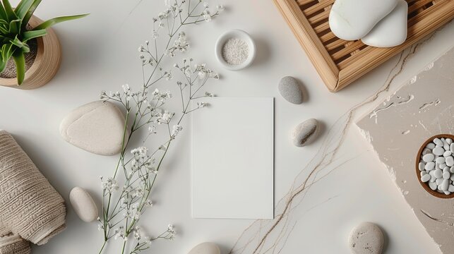 Interior flat lay design with mock up cards rocks plants and accessories in neutral tones