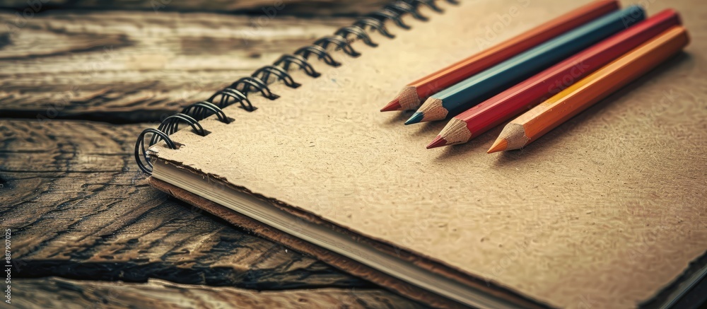 Fototapete Color pencil on a wooden table next to a notebook with a blank area for an image. with copy space image. Place for adding text or design